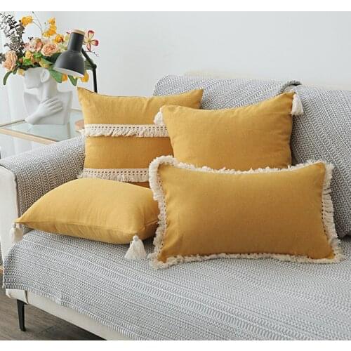 Cotton Linen Cushion Cover 30x50cm/45x45cm Pillow Cover Beige Grey Blue Yellow European Style Tassels Sofa BedHome Decorative