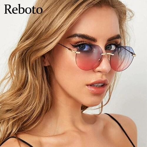 Summer Round Shades For Women Rimless Sunglasses Vintage Metal Frame Fashion Gradient Female Sun Glass Blue Pink Ladies Eyewear
