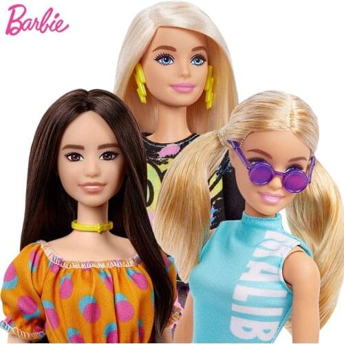 Original Barbie Fashionistas Doll Polka Dot Off-The-Shoulder Dress Girls Dolls Items with Brunette Hair Toys for Kids Juguetes
