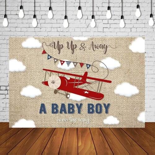 Adventure Theme Airplane Cartoon Baby Shower Up Up And Away Baby Boy Is On His Way Linen Background Vintage Banner Decoration