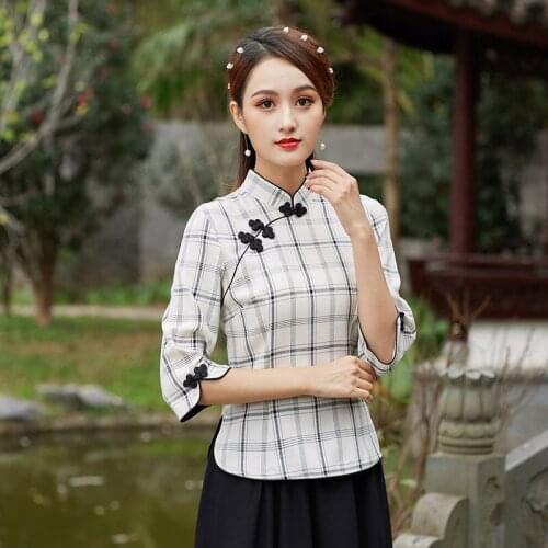 Sheng Coco China Improved Daily Paild Cheongsam Tops Long Sleeve Set Cotton Chinese Slim Tang Dress Qipao Suit 4XL Women Blouses