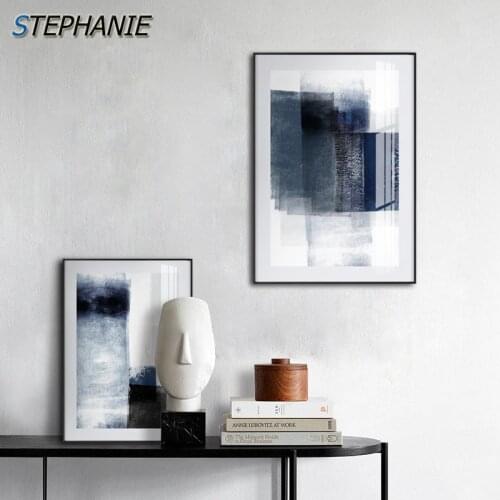 Scandinavian Blue Canvas Painting Abstract Black White Simplicity Poster Print Modern Wall Art Picture for Living Room Bedroom
