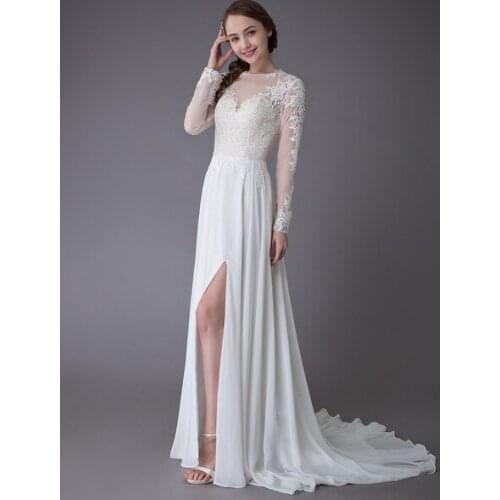 Wedding Dresses Long Sleeve Lace Chiffon Sexy High Split Illusion Summer Bridal Gowns
