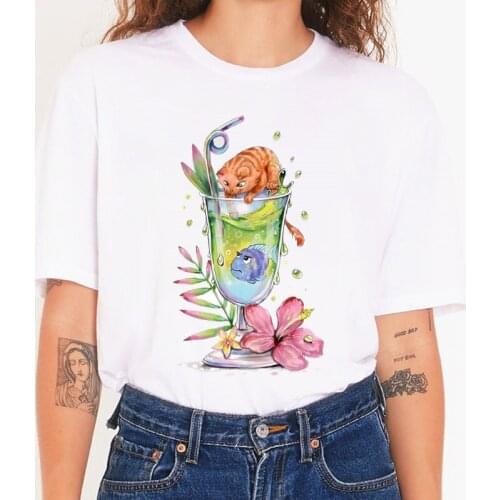 Women T Shirt Cartoon Designed Graphic Style T Shirt Fashion Stylish Round Neck Tshirts Top Tee White Female T-Shirts Cloth