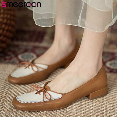 Smeeroon 2021 Spring Summer Full Genuine Leather Shoes Women Pumps Round Toe Bowknot Comfortable Casual Shoes Ladies Black