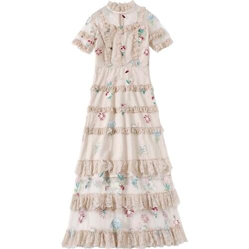 2021 New Summer Women Short Sleeve Long Dress High-end Custom Mesh Flowers Embroidery Lace Ruffles Patchwork Cake Dress