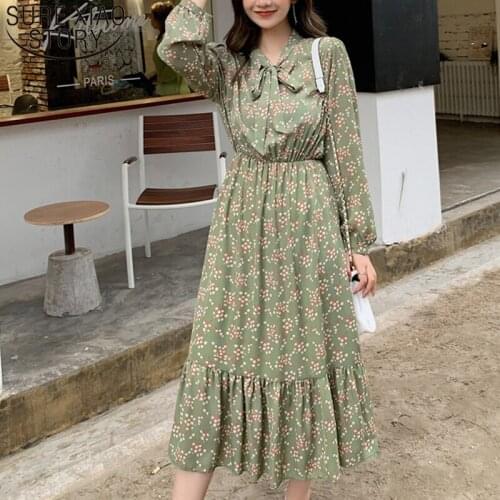 Spring Long Sleeve Chiffon Dress Printing Long Dress Women High Waist Elasticity A-line Lady' Dress Women Dress Vestidos 8635 50