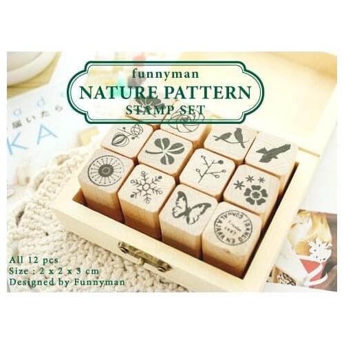 12PCS/set New stationery Nature wood stamp /Wooden box Diary stamp set / Decorative DIY funny work / office and school supplies