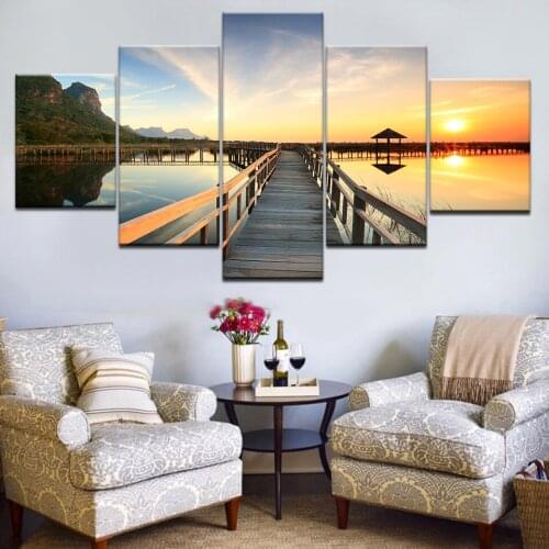 5pcs HD Printing Canvas Painting Sunset Lake Water Wooden Bridge Art Group Home Decor Wall Poster Modular Picture