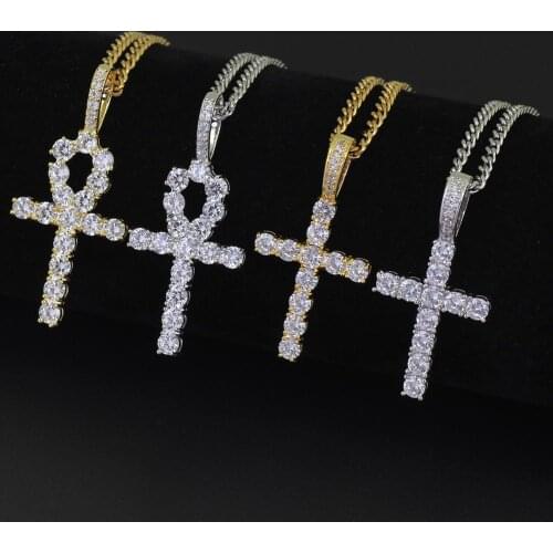 8pcs Bling Copper Egypt Ankh Key Pendant Pave Cubic Zircon Ice Out Cross Necklace For Men Hip Hop Party Jewelry Gift