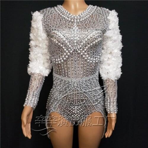 New Super Pearls Rhinestones Flower Bodysuit Sexy Performance Singer Leotard Stage Wear Birthday Dance Wear Stretch Outfit