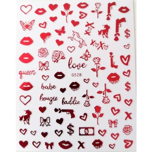 Black, gold, white, silver, red love heart label, manicure design, rose letter nail decoration sticker label 10pcs