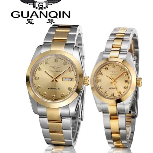 GUANQIN Gold Couple Watch Men Women Mechanical Watch Luminous Calendar Week Waterproof Rhinestones Automatic Lovers Watches