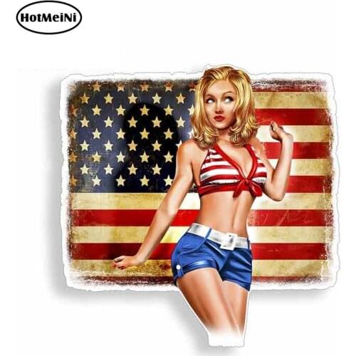 HotMeiNi 13cm x 11.9cm Sexy Pinup Girl Car Sticker Rustic American USA Flag Patriot Car Window Bumper Decal Funny Car Styling