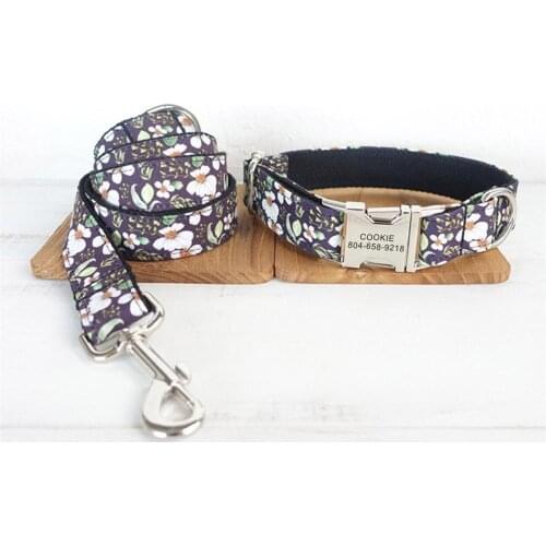 Personalized Pet Collar Customized Nameplate ID Tag Adjustable White Flower Black Daisy Cat Dog Collars Lead Leash Set
