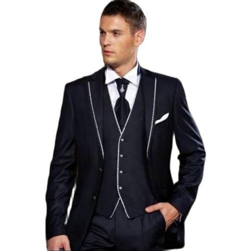 Customize Navy Blue Mens Toast Suits Evening Dress Slim Fits Groom Tuxedos Prom Party Clothes (Jacket+Pants+Vest+Tie) W:135