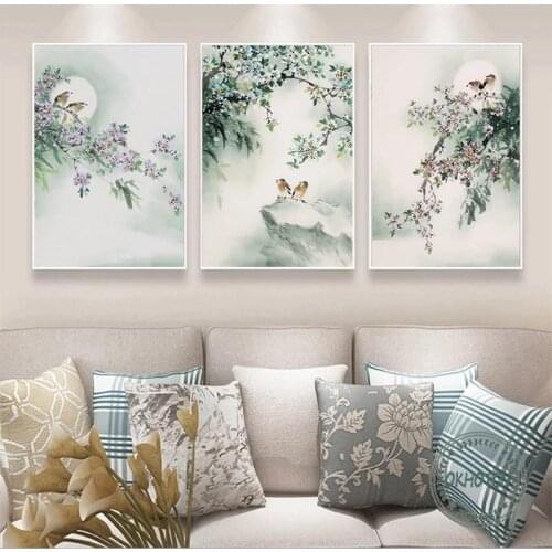 Retro Chinese Style Spring Ink Canva Painting Birds Flowers Tree Leaf Poster Wall Art Picture Living Room Home Decoration
