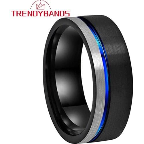 8MM Blue Black Tungsten Carbide Ring For Men Women Wedding Band Two Tone Brushed Finiah Comfort Fit