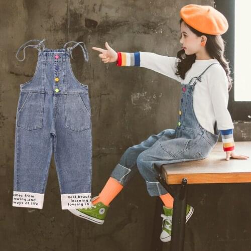 Children Girls Clothing Sets Rainbow Buttons Denim Overalls+Sweatshirts 2pcs Sets Teen Girls Boutique Clothing 8 9 10 12 Years