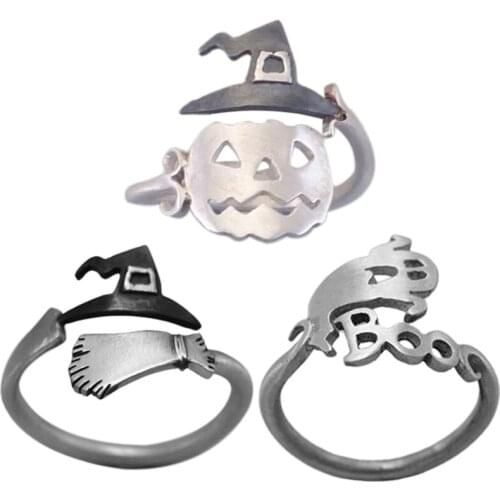 Cute Halloween Ghost Witch Broom Finger Ring Open Silver Color Ring Party Cosplay Finger Vintage Punk Fashion Jewelry