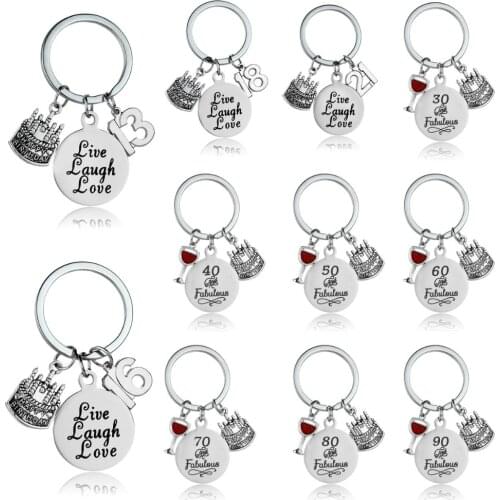 Stainless Steel Birthday Keychain Gift Live Laugh Love Birthday Cake Goblet Charm Keyring Key Chain For Mom Dad Grandpa Grandma