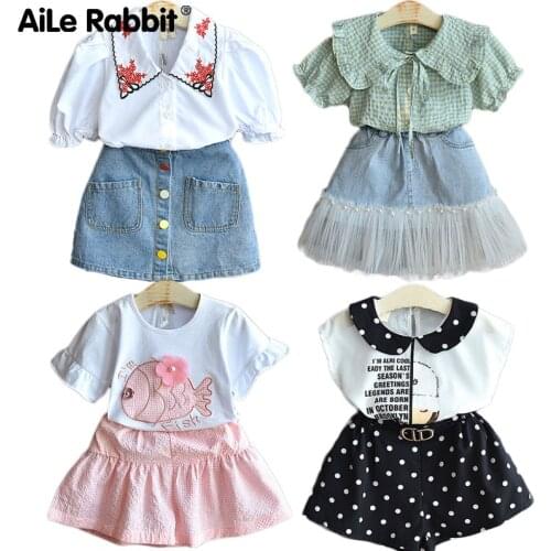 2021 New Arrival Girls Fashion Suit Short Sleeve Top Denim Skirt 2 Piece Set Childrens Wear Apparel