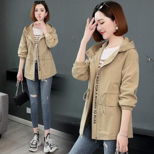 New Arrival Spring Autumn Casual Loose Trench Coat Women Long Hooded Windbreakers Female Plus size Slim Coat Khaki Zipper Pocket