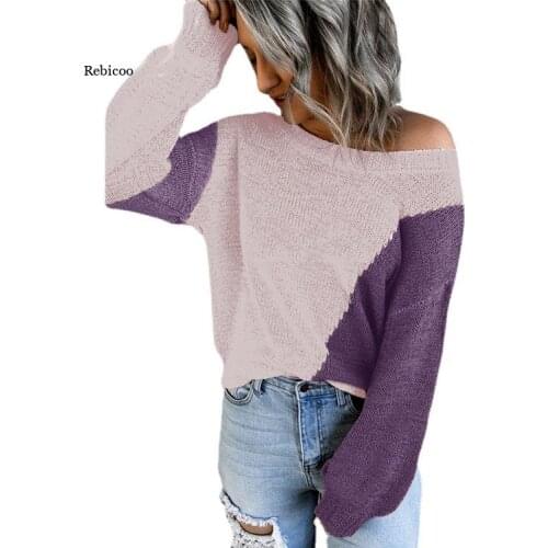 Autumn Women Casual Pullover New Loose Temperament Commuter Sweater Long Sleeve Round Neck Contrast Color Sweater New