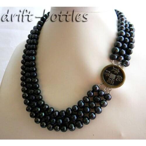 3Strands 18'' 9MM Black Round Freshwater Pearl Necklace