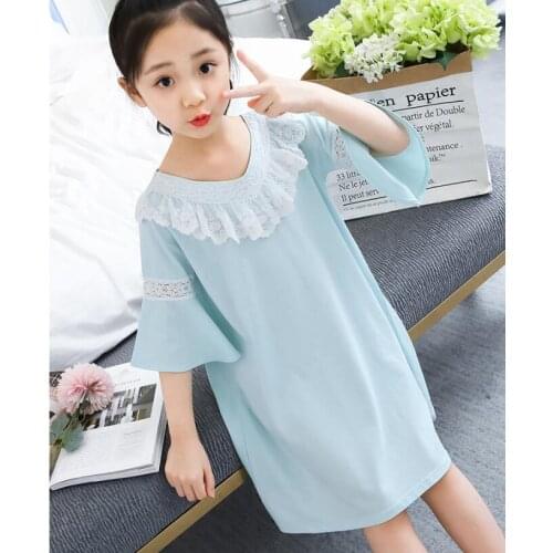 Teen Girl Pajamas Dress 2021 Summer New Girls Blue Hollow Lace Pajamas Dresses Girl Sleepwear Loose Dress Kids Home Clothes