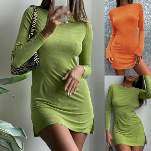 Casual Women Dress Solid Color Lace-up Autumn Long Sleeve Backless Split Dress Streetwear