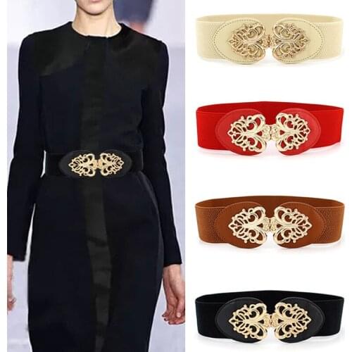 Vintage Alloy Buckle Belts for Women Wide Nylon Elastic Ladies Waist Belt Black Red Female Waistband for Dress
