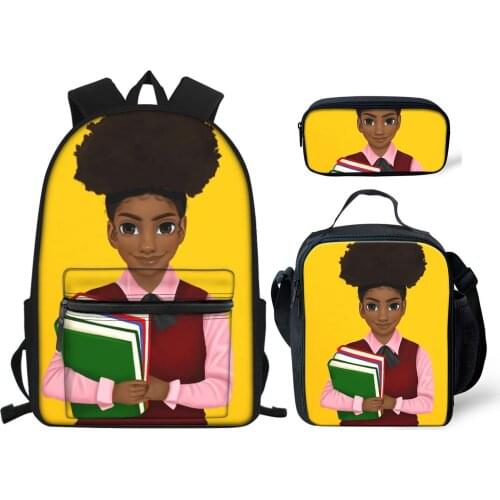 Black Afro Girls Printing Backpacks For Kids 3 Set Shoulder Lunch Case Summer Children Backpack Pen Box For Student Book Bag