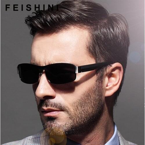 FEISHINI Night Classic Metal Rectangle Quality Sunglasses Men Polarized Fishings HD Yellow Lens Anti-Reflective UV Protection