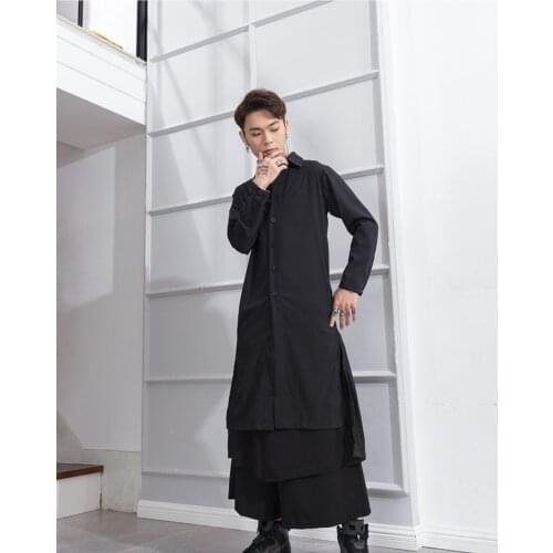 Spring and summer new long front short back long thin versatile windbreaker black side split coat personality dark man