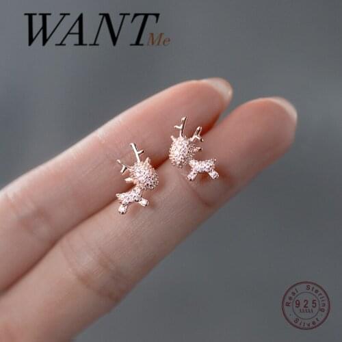 WANTME Luxury Pave Crystal Zircon Elk Halloween Stud Earrings for Fashion Women Real 925 Sterling Silver Christmas Jewelry Gift