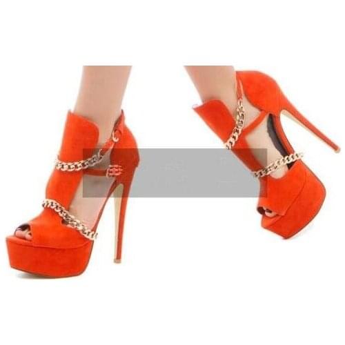 Solid color cut-outs woman pumps gold chains decoration purple/orange/blue super high heels peep toe platform heels dress shoes