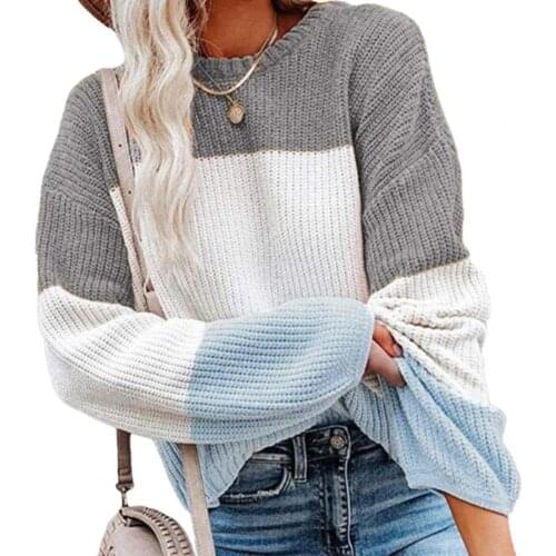 Women Sweater Color Contrast Soft Simple Ladies Round Neck Color Stitching Knitted Top Knitwear Pullover top women Jumper 3XL