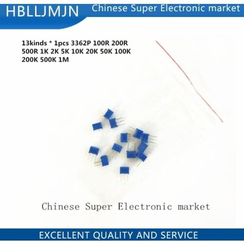 13pcs = 13kinds * 1pcs 3362P adjustable potentiometer Kit contains 100R 200R 500R 1K 2K 5K 10K 20K 50K 100K 200K 1M
