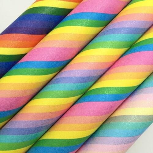 Amonglitter Wholesales Leather Supplier Rainbow Stripes Glitter Leather Fabric Sheets Felt Backing For Bows DIY 21x29cm MB166