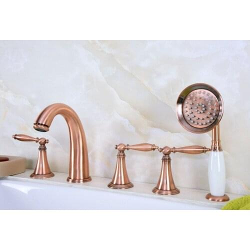 Antique Red Copper Brass Widespread Three Handles Deck Mounted 5 Holes Bathroom Tub Faucet Mixer Tap With Handshower mtf203