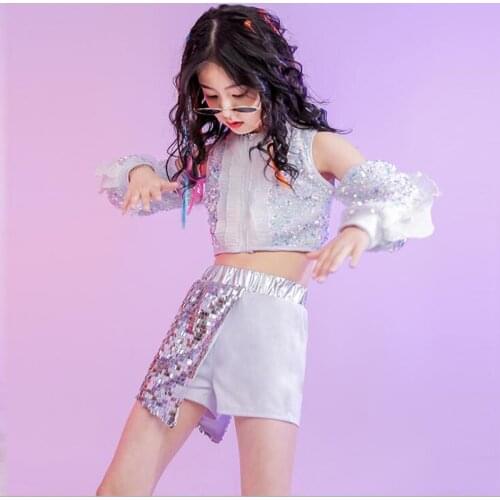 Kids Sequin Hip Hop Clothing Costume Off Shoulder Crop Top Long Sleeve Shirt Shorts for Girls Jazz Dance Outfits Clothes Wear