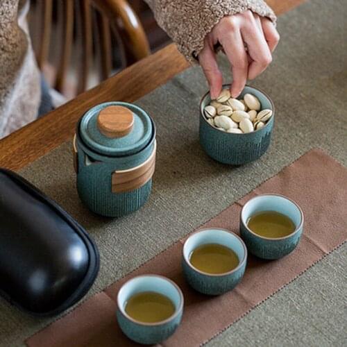 Chinese Kung Fu Tea Set Outdoor Travel Picnic Camping One Pot And Cups With Portable Bluestone Glaze Teapot Retro Teaware