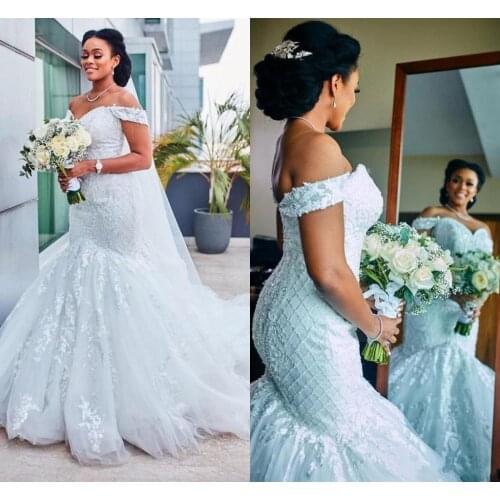 Lace Mermaid Wedding Dresses Off Shoulder Applique Beads Tulle African Bridal Gown Train Custom Plus Size Bride Dress