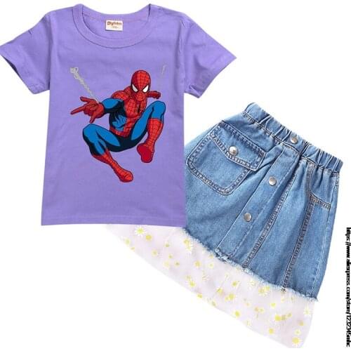 Disney Summer Girls' Clothing Sets Kids Fashion SpiderMan Denim Skirt 2PCS Suit Princess Baby Girls T Shirt Childrens Outifts