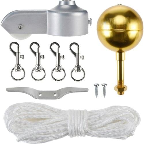 Flagpole Hardware Kit 3" Topper Gold Ball 4" Cleat Hook 4pc Flag Clip Hooks