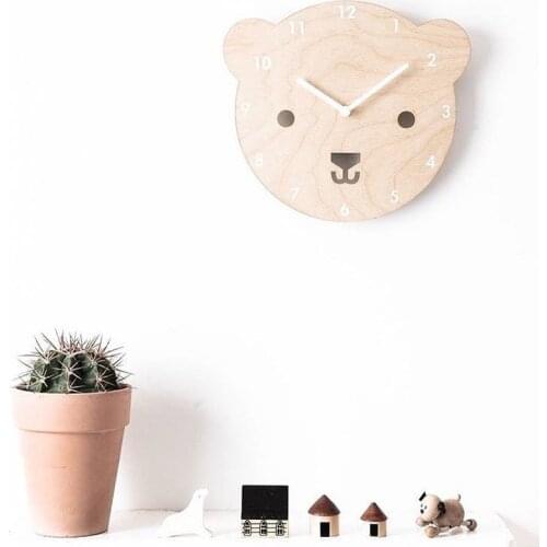 1pc Nordic Cartoon Kids Room Wall Decor Wall Clock Wood Living Room Decoration Children Gift Figurines Bear Clocks Free Shipping