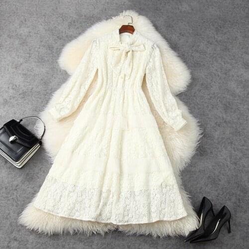 New Celebrities 2021 Mesh Sweet bow party dress autumn Women Embroidery winter Hollow lace Dress Vintage ladies princess dresses