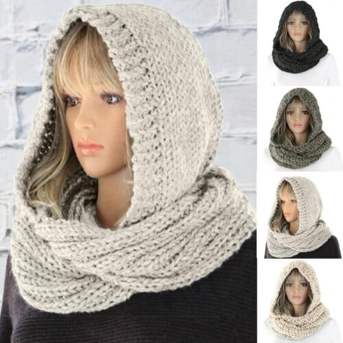 Autumn Winter Women Outdoor Thick Warm Keeping Solid Color Knitted Hooded Scarf