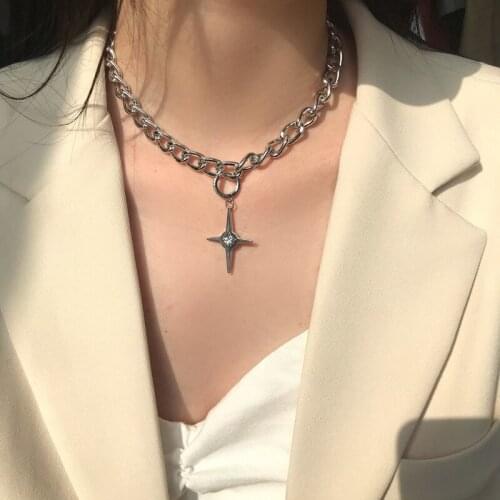 Punk cuban chain Hip Hop Choker Necklace for Women Men Crystal Cross star Pendant Neck Clavicle Chain goth Gothic Collar Collier